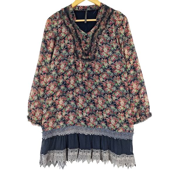 Womens Dress Medium Boho Cottagecore Crochet Peasant Spring Floral Fairy‎ Grunge - Picture 1 of 8